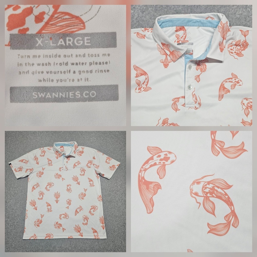 Swannies Golf Polo Shirt Men's XL White Koi Fish Performance Short Sleeve